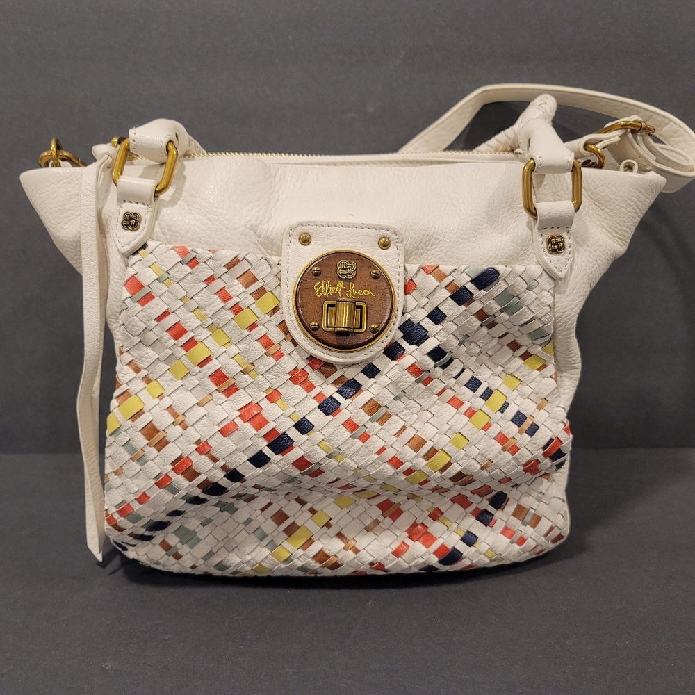 ELLIOT LUCCA TOP MAGNETIC & ZIP IVORY/MULTI-COLOR WEAVE PATTERN LEATHER SATCHEL